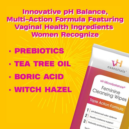 vH essentials Feminine Cleansing Wipes - pH Balanced, Prebiotics, Tea Tree & Aloe, Soothing Witch Hazel, Odor-Blocking Formula, Vaginal and Perianal Care, Paraben, Alcohol, and Fragrance-Free