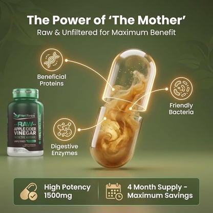 Herbtonics Raw Apple Cider Vinegar Capsules 1500mg with Mother | Weight Management, Detox & Digestion Formula with GLP-1 Support | Unfiltered ACV for Metabolic Support | 240 Vegan Capsules