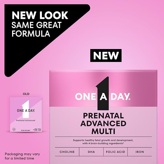 One A Day Prenatal Advanced- Prenatal Vitamins with Folic Acid, Choline, DHA & Iron, Pregnancy Vitamins for Women to Support Baby’s Development, 60+60 Ct (120 Total Set) (Packaging May Vary)