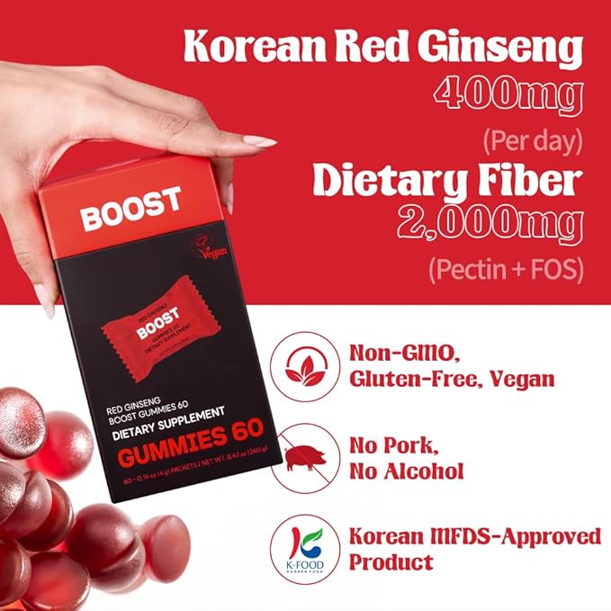dr.blet Red Ginseng Boost Gummies – Daily Energy & Immune Support, Strawberry-Flavored Vegan Gummies with 6-Year Korean Red Ginseng, Caffeine-Free, No Added Sugar – 60 Count