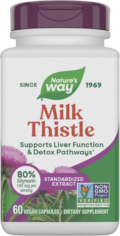 Nature's Way Milk Thistle, Supports Liver Function & Liver Detox Pathways*, 175 mg Milk Thistle Seed Extract Standardized to 80% Silymarin per Serving, Vegan, 60 Capsules (Packaging May Vary)
