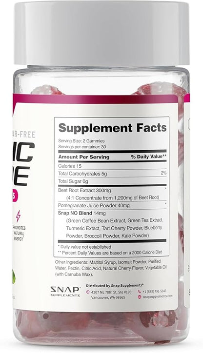 Snap Supplements Nitric Oxide Gummies - Beet Root Extract 300mg, Sugar Free Beetroot Supplement with Pomegranate Powder for Circulation & Natural Energy, 60 Vegan Gummies, Cherry Flavor