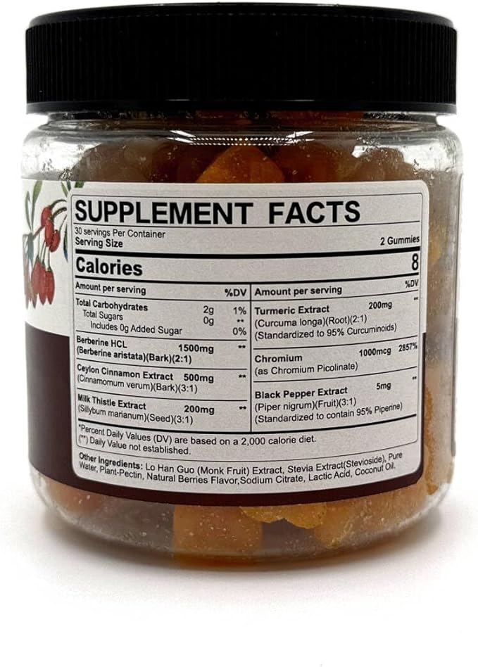 Berberine Gummies Supplement 1500mg, Natural GLP-1 Support + Ceylon Cinnamon, Chromium, Milk Thistle, Turmeric, AMPK Activator for Women & Men, Berberine HCl from Indian Barberry, Sugar Free, 2 Pack