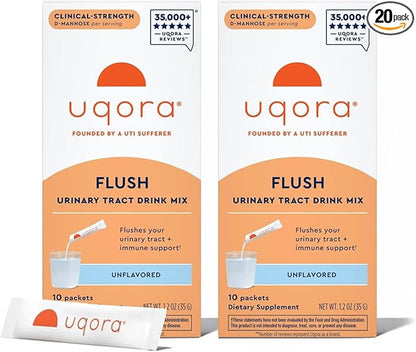 Uqora Flush - Urinary Tract* with D-Mannose, Vitamin C, Vitamin B6, Potassium, Magnesium & Calcium - Gluten-Free & Vegan - Unflavored - 20 Packets (2 Pack)