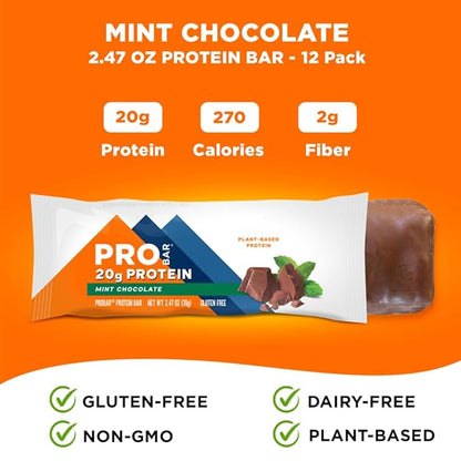 PROBAR - PROTEIN Bar, Mint Chocolate, Non-GMO, Gluten-Free, Healthy, Plant-Based, Whole-Food Ingredients, Natural Energy (12 Count)