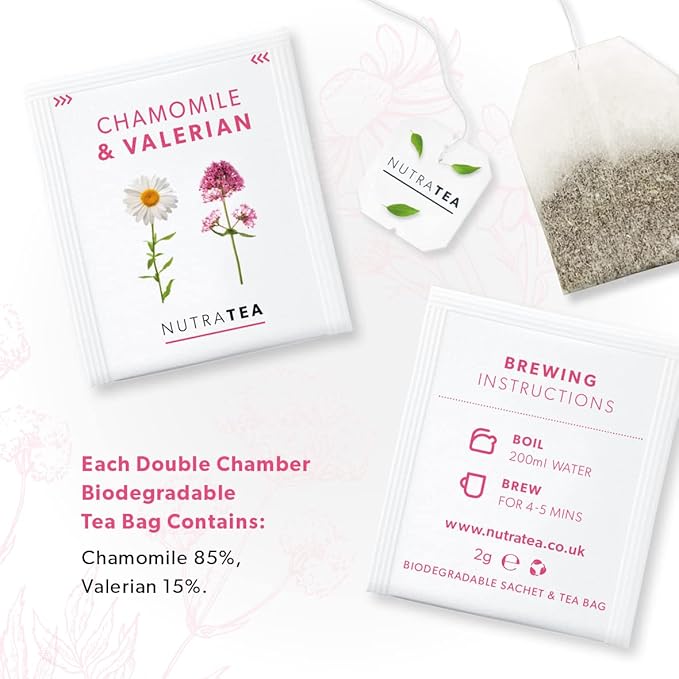 NutraTea Chamomile & Valerian Tea - Bedtime and Night Time Tea - 20 Individually Wrapped Bags (1 Pack)