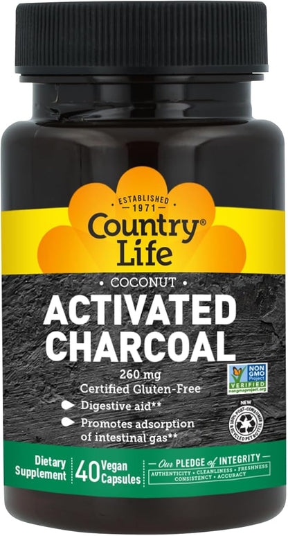 Country Life Coconut Activated Charcoal Capsules, 260mg – Natural Charcoal Supplement for Gas and Bloating Relief - Gluten-Free, 40 Vegan Capsules