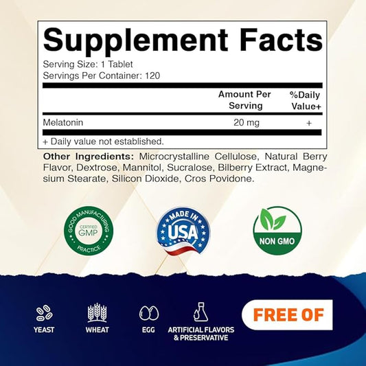 Vitamatic Melatonin 20 mg Tablets | Vegetarian, Non-GMO, Gluten Free | HIGH Potency 20 MG | Natural Berry Flavor (1/2 Tablets = Melatonin 10 mg) (120 Count (12 Pack Wholesale Buy))