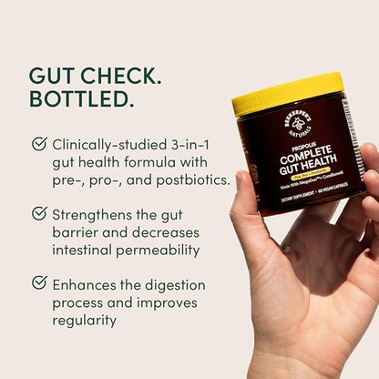 Complete Gut Health by Beekeeper's Naturals, 3-in-1 Prebiotic, Postbiotic, Probiotics for Digestive Health & Bloating Relief for Women & Men, Propolis Powered, Gluten-Free Vegan Capsules, 60ct