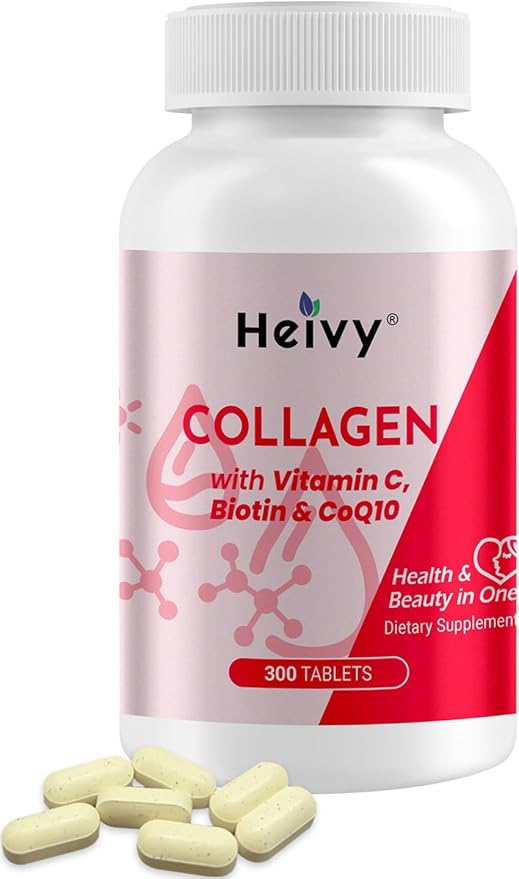 Heivy Natural Collagen 5000 mg with Vitamin C, Biotin and CoQ10,Hydrolyzed Collagen Peptides Supportment for Women & Men, Multi Collagen Pill for Hair, Skin, Nails, Joint, Grass Fed, 300 Tablets