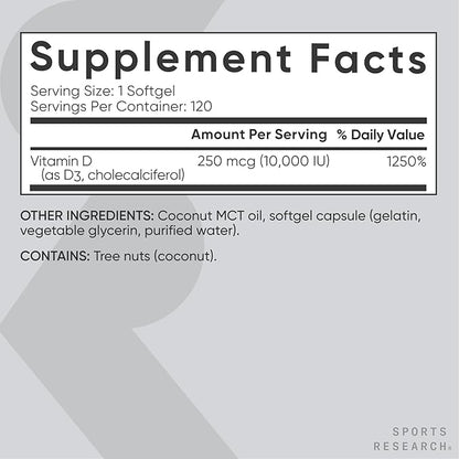 Sports Research® Vitamin D3 10,000iu (250mcg) with Coconut MCT Oil - Max Strength Vitamin D Supplement - Gluten Free · Non-GMO · Soy Free - 120 Count Softgels
