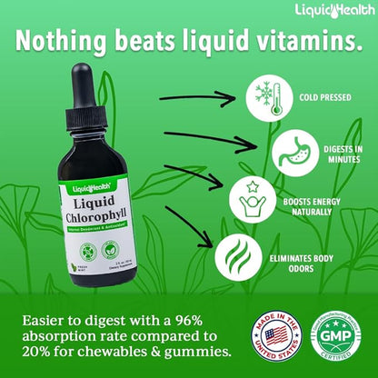 LIQUIDHEALTH Liquid Chlorophyll Drops - Internal Deodorizer, Antioxidants, Liver Detox, Immune Support, Relieve Bad Breath, Reduce Appetite, Collagen for Hair & Skin Health - Vegan, Non-GMO (2 Pack)