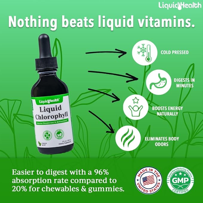 LIQUIDHEALTH Liquid Chlorophyll Drops - Internal Deodorizer, Antioxidants, Liver Detox, Immune Support, Relieve Bad Breath, Reduce Appetite, Collagen for Hair & Skin Health - Vegan, Non-GMO (3 Pack)