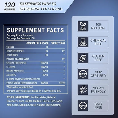 Creatine Monohydrate Gummies for Men & Women, Creatine Gummies for Muscle Strength & Builder, Energy Boost, Advanced Formula L-Taurine + Vitamin B12, Pre-Workout Supplement (120 Count (Pack of 1))