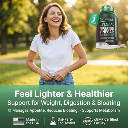 Herbtonics Raw Apple Cider Vinegar Capsules 1500mg with The Mother | Unfiltered ACV Pills for Bloating Relief, Digestion, Metabolism & Weight Support | 60 Vegan Capsules (1 Month Supply)