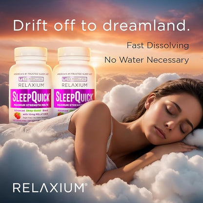 Relaxium Sleep Quick Maximum Strength Melts, Fast Acting Sleep Aid with 10 mg Melatonin, Drug Free Dietary Supplement, Vegan, Gluten Free, Made in USA, 100 Servings, Berry Flavor