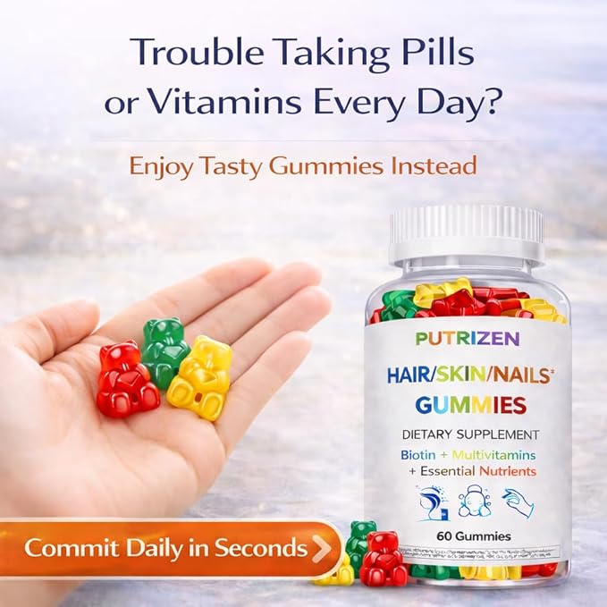 Biotin Hair Skin Nails Gummies: Daily Beauty Supplement for Women Experiencing Stress-Related Hair Thinning, Supports Strong Nails & Healthy Skin, 60 Count, Strawberry Flavor