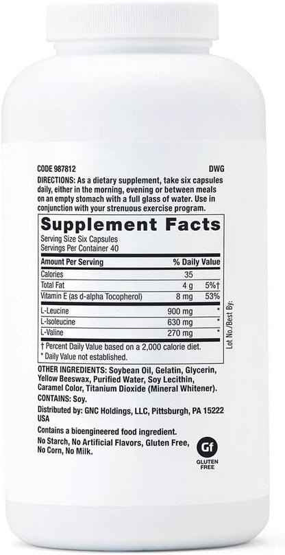 GNC Pro Performance BCAA 1.8g, 3rd Party Tested Supplement for Men & Women, Branched Chain Amino Acids, Essential Amino Acids Supports Muscle Protein Synthesis, 240 Softgels, 40 SVG