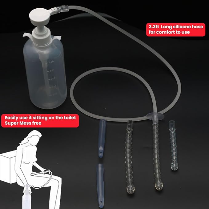 600ml Feminine Wash Enema Pump Bottle Kit 6Pcs Enema Nozzle Tips for Coffee Colon Cleansing Men Women, Anal Vaginal Douche Flush Spray Intimate Shower Irrigator Cleanser Enema Bucket Kit Hand Press