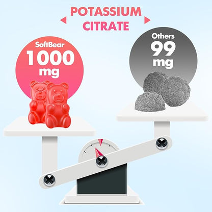softbear Potassium Citrate 1000mg Gummies – Suagr Free Potassium Gummies for Muscle Support & Electrolyte Balance – Potassium Supplement for Women & Adults, Vegan, Raspberry Flavor (60 Count)