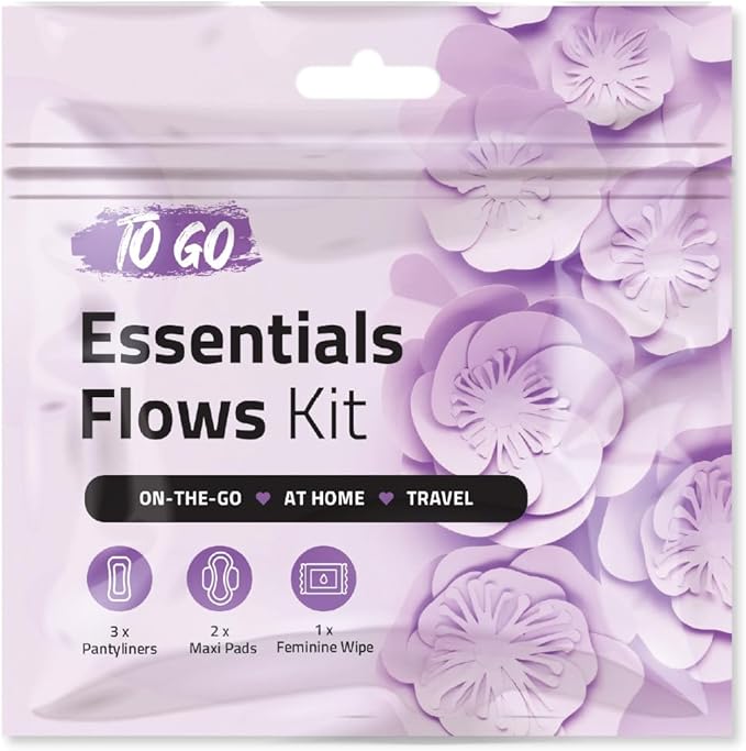 Essential Flows Kit with 3 Pantiliners, 2 Maxi Pads & 1 Feminine Wipe – Light Daily Period Care for Women & Girls – Travel Hygiene Pack (Purple) (1)