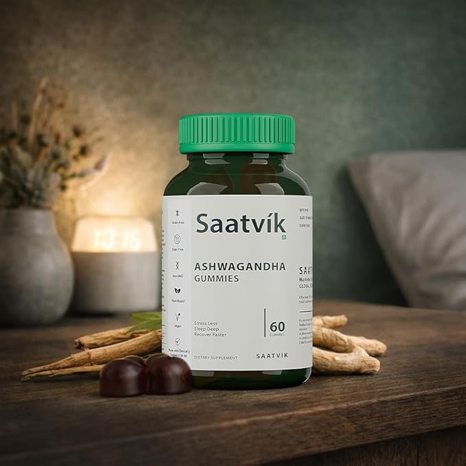 Saatvik Zero Sugar Ashwagandha & Vitamin D Gummy - 60 Count - Mixed Berry, KSM-66, Vegan, Plant Based, Non-GMO, Gluten-Free & Gelatin Free Relax. Restore. Unwind, Pack of 1