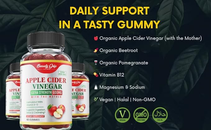Apple Cider Vinegar Gummies with The Mother – Organic ACV + Pomegranate, Beetroot & B12 – Digestive, Detox & Energy Support – Vegan, Halal – 60 Gummies