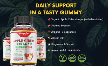 Apple Cider Vinegar Gummies with The Mother – Organic ACV + Pomegranate, Beetroot & B12 – Digestive, Detox & Energy Support – Vegan, Halal – 60 Gummies