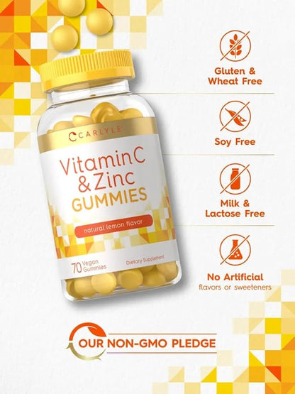Carlyle Vitamin C and Zinc Gummies | 70 Count | Lemon Flavor | Vegan, Non-GMO, and Gluten Free Supplement