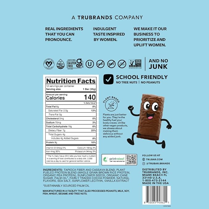 TRUBAR Kids Protein Bars, Fudge-Tastic Brownie, Plant Based Protein, Gluten Free School-Friendly Snacks for Lunchboxes, Tree Nut and Peanut Free, Low Sugar, Healthy On the Go Snack Bars, 12 Count