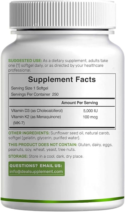 DEAL SUPPLEMENT Vitamin D3 5,000 IU + K2 MK7 Softgels, 250 Count | 2-in-1 Complex | Easy to Swallow