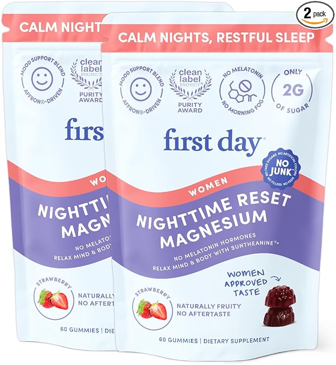 First Day Women’s Nighttime Reset Calming Magnesium Gummies – Sleep Aid Supports Peaceful Rest, Balanced Mood & Energy – Supplement with Magnesium Citrate, L-Theanine & No Melatonin – 60-Day Supply