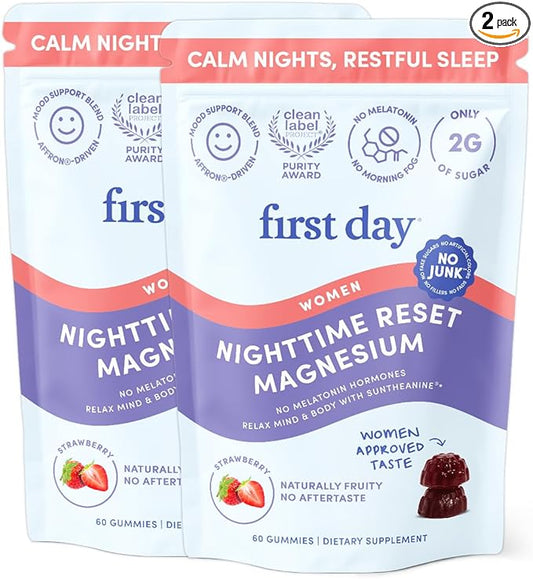First Day Women’s Nighttime Reset Calming Magnesium Gummies – Sleep Aid Supports Peaceful Rest, Balanced Mood & Energy – Supplement with Magnesium Citrate, L-Theanine & No Melatonin – 60-Day Supply