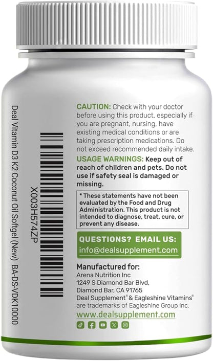 DEAL SUPPLEMENT Vitamin D3 10,000 IU + K2 MK7 200mcg Softgels, 250 Count | 2-in-1 Complex with Virgin Coconut Oil | Easy to Swallow
