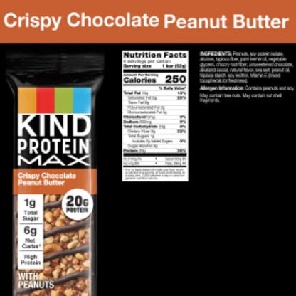 KIND Protein MAX Crispy Chocolate Peanut Butter Snack Bars, 20g of Protein, Keto Friendly, 1g of Sugar Per Bar, Gluten Free, 4 Count Box (Pack of 2)