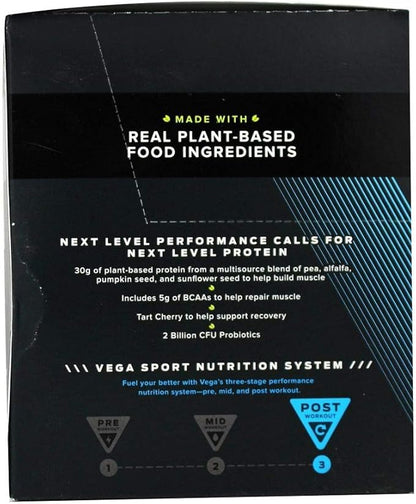 Vega Protein + Recovery - 30g Plant-Based Protein per Serving, Vanilla, 12 x 1.6oz Sachets, 5g BCAAs, Probiotics, NSF Certified, for Shakes & Smoothies, (Packaging May Vary)