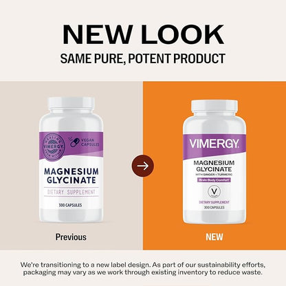 VIMERGY Magnesium Glycinate – Stress Support – Chelated to Avoid Tummy Upset*– Promotes Heart Health & Energy*– Kosher, Vegan Gluten-Free – 300 Caps
