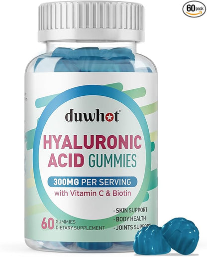 duwhot Hyaluronic Acid Gummies, Hyaluronic Acid Supplements with Vitamin C & Biotin 5000mcg for Skin, Hair, Nails Health, Joints Supplements for Women & Men, Low Sugar, Vegan, Non-GMO, 60 Counts