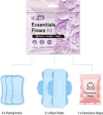 Essential Flows Kit with 3 Pantiliners, 2 Maxi Pads & 1 Feminine Wipe – Light Daily Period Care for Women & Girls – Travel Hygiene Pack (Purple) (5)