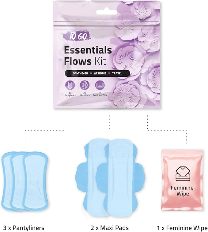 Essential Flows Kit with 3 Pantiliners, 2 Maxi Pads & 1 Feminine Wipe – Light Daily Period Care for Women & Girls – Travel Hygiene Pack (Purple) (50)