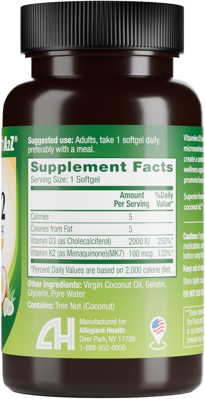 HealthA2Z® Vitamin D3 (2,000 IU) + K2 (MK-7) Made with Virgin Coconut Oil (Natural MCTs) - 90 Softgels (Pack of 1) - Helps Calcium Absorption for Bones, Teeth, Mood & Immune Health