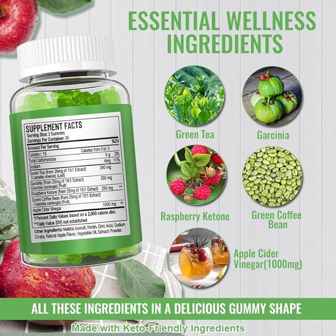 ACV Wellness Gummies–Apple Cider Vinegar with Green Tea&Botanical Extracts–Daily Plant-Based Wellness Gummies–Vegan, Non-GMO, Gluten-Free–60 Gummies