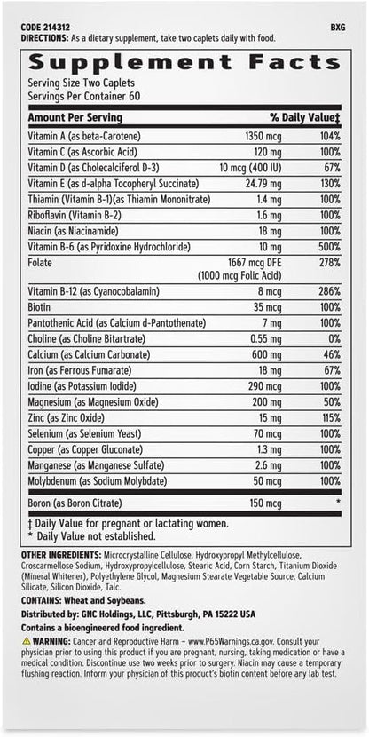 GNC Women's Prenatal Multivitamin Formula with Iron, Supports Pregnancy and Healthy Baby Development, Essential Nutrients Folic Acid, Zinc, Calcium Plus B Vitamins, 120 Caplets