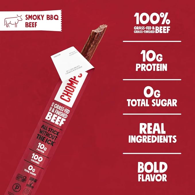 Chomps Grass-Fed and Finished Smoky BBQ Beef Jerky Snack Sticks 10-Pack - Keto, Paleo, Whole30, 10g Lean Meat Protein, Gluten-Free, Zero Sugar Food, Non-GMO