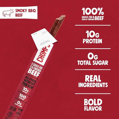 Chomps Grass-Fed and Finished Smoky BBQ Seasoned Beef Jerky Snack Sticks 24-Pack - Keto, Paleo, Whole30, 10g Lean Meat Protein, Gluten-Free, Zero Sugar Food, Non-GMO