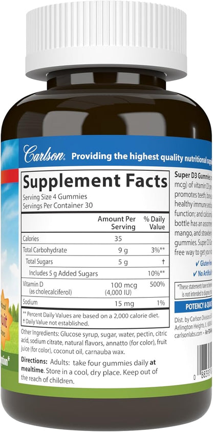 Carlson - Super D3 Gummies 4,000 IU (100 mcg), Bone Health, Immune Support & Calcium Absorption, Natural Fruit Flavors, 120 Vegetarian Gummies