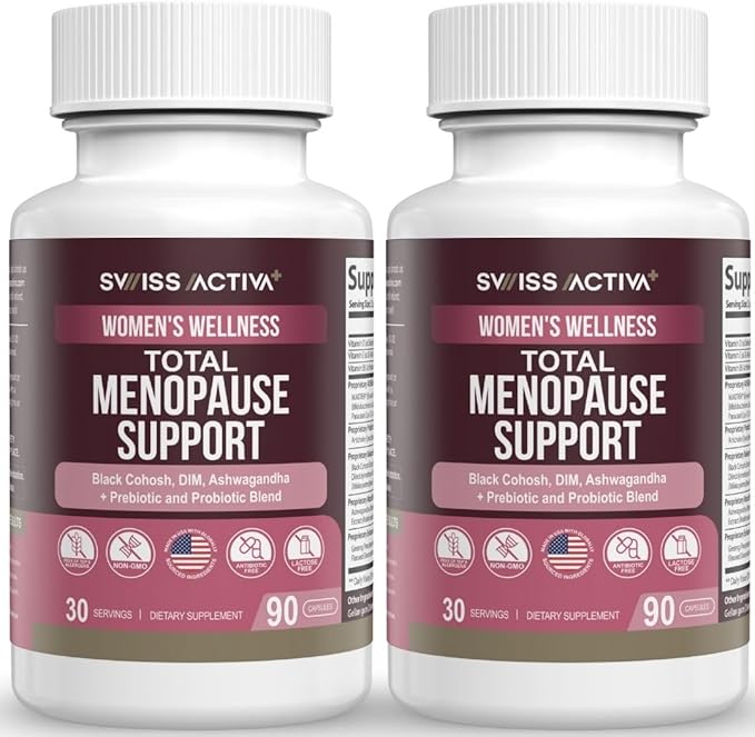 Swiss Activa+ Total Menopause Support – Hormone Balance, Hot Flash Relief, Mood & Energy Boost, Gut Health, Vegan, Non-GMO Plant-Based Menopause Supplements for Women– 180 Capsules | 60-Day Supply