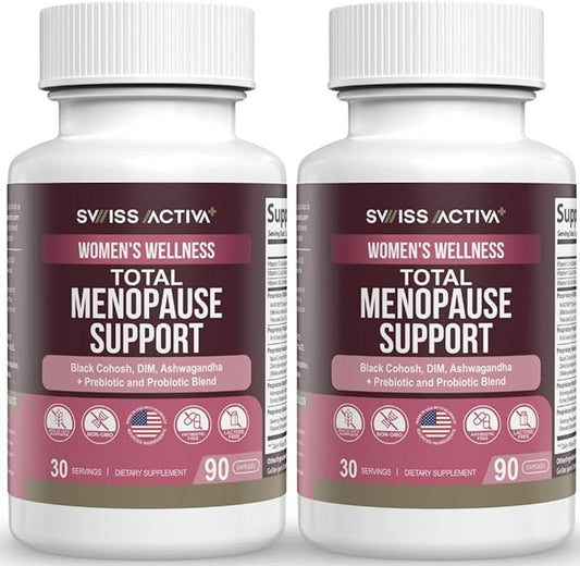 Swiss Activa+ Total Menopause Support – Hormone Balance, Hot Flash Relief, Mood & Energy Boost, Gut Health, Vegan, Non-GMO Plant-Based Menopause Supplements for Women– 180 Capsules | 60-Day Supply
