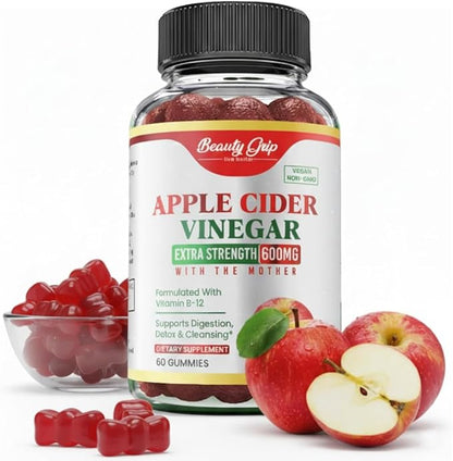Apple Cider Vinegar Gummies with The Mother – Organic ACV + Pomegranate, Beetroot & B12 – Digestive, Detox & Energy Support – Vegan, Halal – 60 Gummies