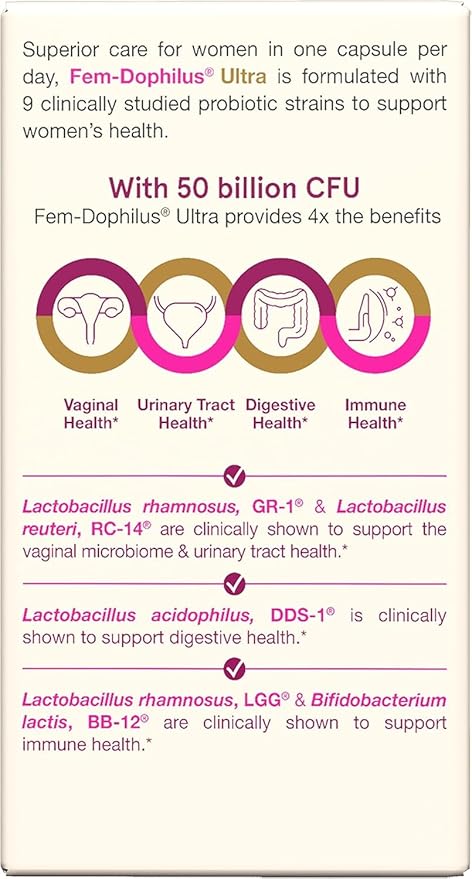 Jarrow Formulas Fem-Dophilus Vaginal & Digestive Probiotic 50 Billion CFU, 9 Clinically-Studied Strains, for Vaginal Flora & Yeast Balance, Urinary Tract, Digestive, 30 Capsules (Pack of 2)